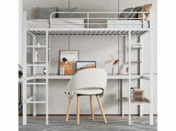 Best ModernLuxe Cama entrepiso de hierro - 90x200 cm - con escritorio y 5 estantes - Blanco