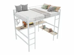 Best ModernLuxe Cama entrepiso de hierro - 90x200 cm - con escritorio y 5 estantes - Blanco