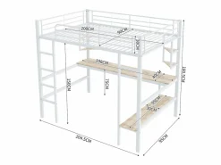 Best ModernLuxe Cama entrepiso de hierro - 90x200 cm - con escritorio y 5 estantes - Blanco