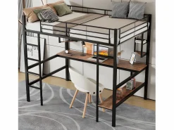 Clearance Cama entrepiso de hierro - 90x200cm - con escritorio y 5 estantes - Cama Alta