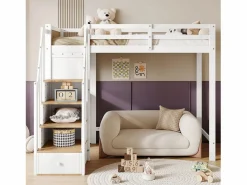 ModernLuxe Cama entrepiso de madera - 90x200 cm - con escritorio, estantes y escalera de almacenamiento - Blanco