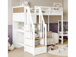 ModernLuxe Cama entrepiso de madera - 90x200 cm - con escritorio, estantes y escalera de almacenamiento - Blanco