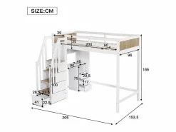 ModernLuxe Cama entrepiso de madera - 90x200 cm - con escritorio, estantes y escalera de almacenamiento - Blanco