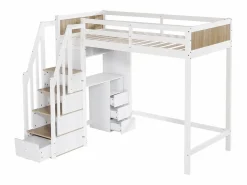 ModernLuxe Cama entrepiso de madera - 90x200 cm - con escritorio, estantes y escalera de almacenamiento - Blanco