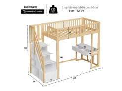 Online Cama entrepiso de madera 90x200 cm - con mesa y escalera de almacenamiento - Natural y Blanco Cama Alta