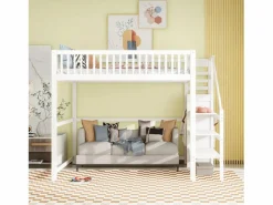 Hot Cama entrepiso de 140x200 con escalera, cama infantil de madera blanca con estante de almacenamiento, armario sencillo Cama Alta