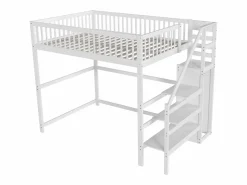 Hot Cama entrepiso de 140x200 con escalera, cama infantil de madera blanca con estante de almacenamiento, armario sencillo Cama Alta