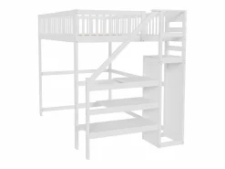 Hot Cama entrepiso de 140x200 con escalera, cama infantil de madera blanca con estante de almacenamiento, armario sencillo Cama Alta