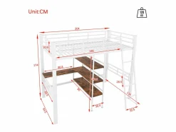 KOMHTOM Cama entresuelo 90*200 cm, sin colchón, cama con escritorio, varios estantes, barandillas, escalera,