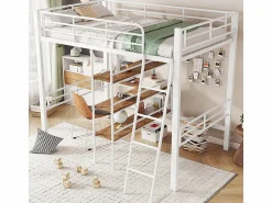 KOMHTOM Cama entresuelo 90*200 cm, sin colchón, cama con escritorio, varios estantes, barandillas, escalera,