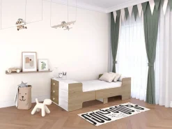 New Cama evolutiva 90 x 140/170/190 cm con almacenamiento natural y blanco - GAROLIO Cama Con Almacenaje