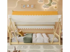 Cama individual 90 x 200 cm - Cama infantil con barrera y tienda de campaña - diseño de cabaña de madera - colchón no incluido