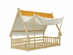 Cama individual 90 x 200 cm - Cama infantil con barrera y tienda de campaña - diseño de cabaña de madera - colchón no incluido