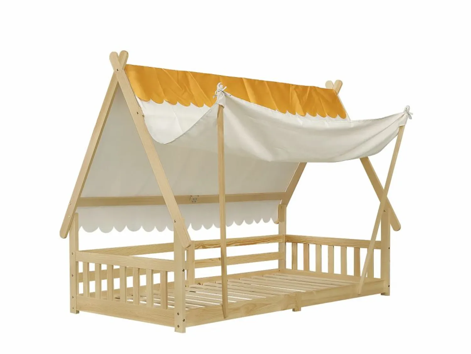 Cama individual 90 x 200 cm - Cama infantil con barrera y tienda de campaña - diseño de cabaña de madera - colchón no incluido