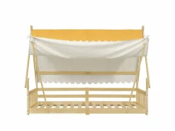 Cama individual 90 x 200 cm - Cama infantil con barrera y tienda de campaña - diseño de cabaña de madera - colchón no incluido