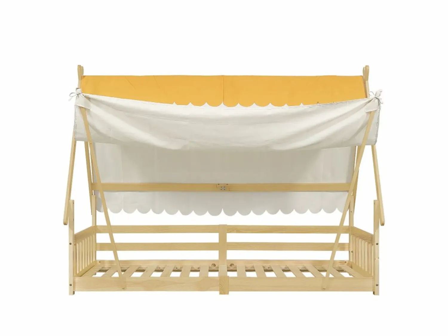 Cama individual 90 x 200 cm - Cama infantil con barrera y tienda de campaña - diseño de cabaña de madera - colchón no incluido