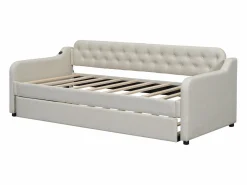 Sale Cama individual con sofá cama - 2 x 90 x 190 cm - Sofá cama con USB - Lino + MDF - Cama Diván