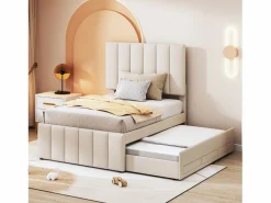 Sale Cama infantil acolchada 90x200 cm con cama nido 90x190 cm con cajones de almacenamiento, en lino, sin colchón, Cama Diván|Cama Nido