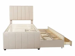 Sale Cama infantil acolchada 90x200 cm con cama nido 90x190 cm con cajones de almacenamiento, en lino, sin colchón, Cama Diván|Cama Nido