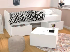 Vente-unique Cama infantil blanca con 2 cajones y un arcón mesa de centro 90 x 190 cm LOUANE