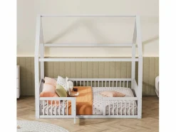 OKWISH Cama infantil blanca de 140 x 200 cm con puerta de seguridad y láminas de somier, sin colchón