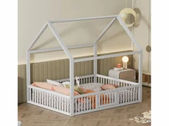 OKWISH Cama infantil blanca de 140 x 200 cm con puerta de seguridad y láminas de somier, sin colchón
