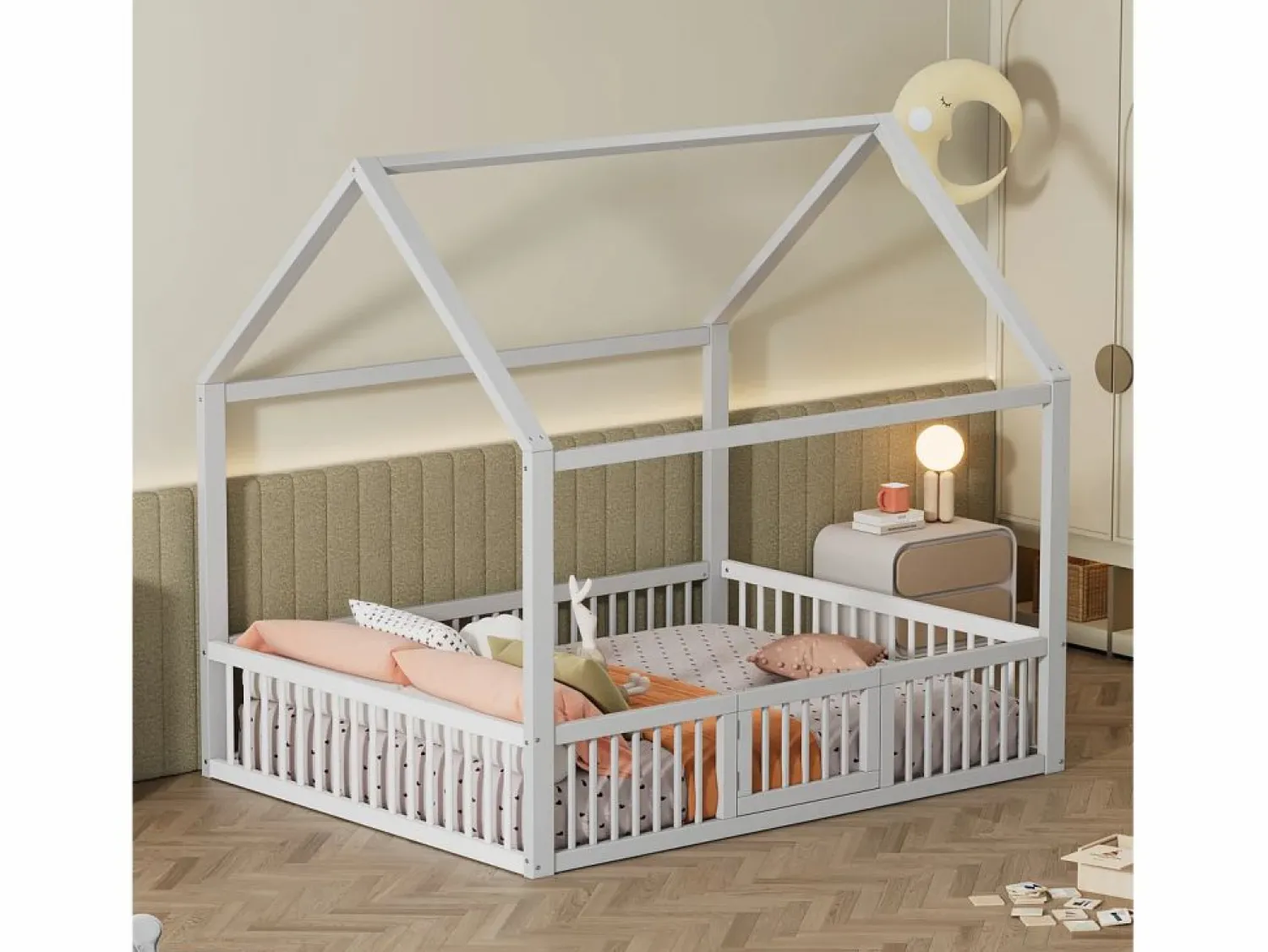 OKWISH Cama infantil blanca de 140 x 200 cm con puerta de seguridad y láminas de somier, sin colchón