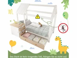 Merax Cama infantil cabina - 90 x 200 cm - con 1 cajón + mesita de noche extraíble - cama de suelo - Pino + MDF - natural + blanco