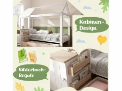 Merax Cama infantil cabina - 90 x 200 cm - con 1 cajón + mesita de noche extraíble - cama de suelo - Pino + MDF - natural + blanco