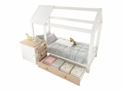 Merax Cama infantil cabina - 90 x 200 cm - con 1 cajón + mesita de noche extraíble - cama de suelo - Pino + MDF - natural + blanco