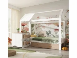 Merax Cama infantil cabina - 90 x 200 cm - con 1 cajón + mesita de noche extraíble - cama de suelo - Pino + MDF - natural + blanco