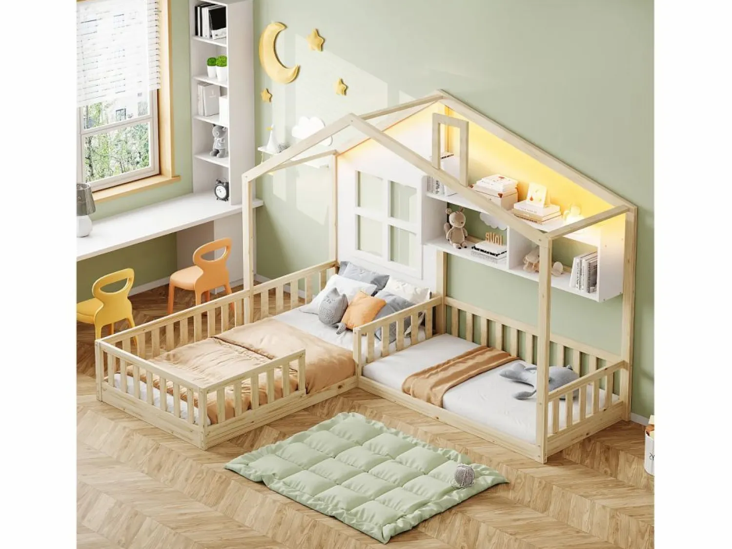 New Cama infantil cabina - 90 x 200 cm + 140 x 70 cm - con estantes - MDF + pino - Somier de láminas incluido - natural Cama Montessori