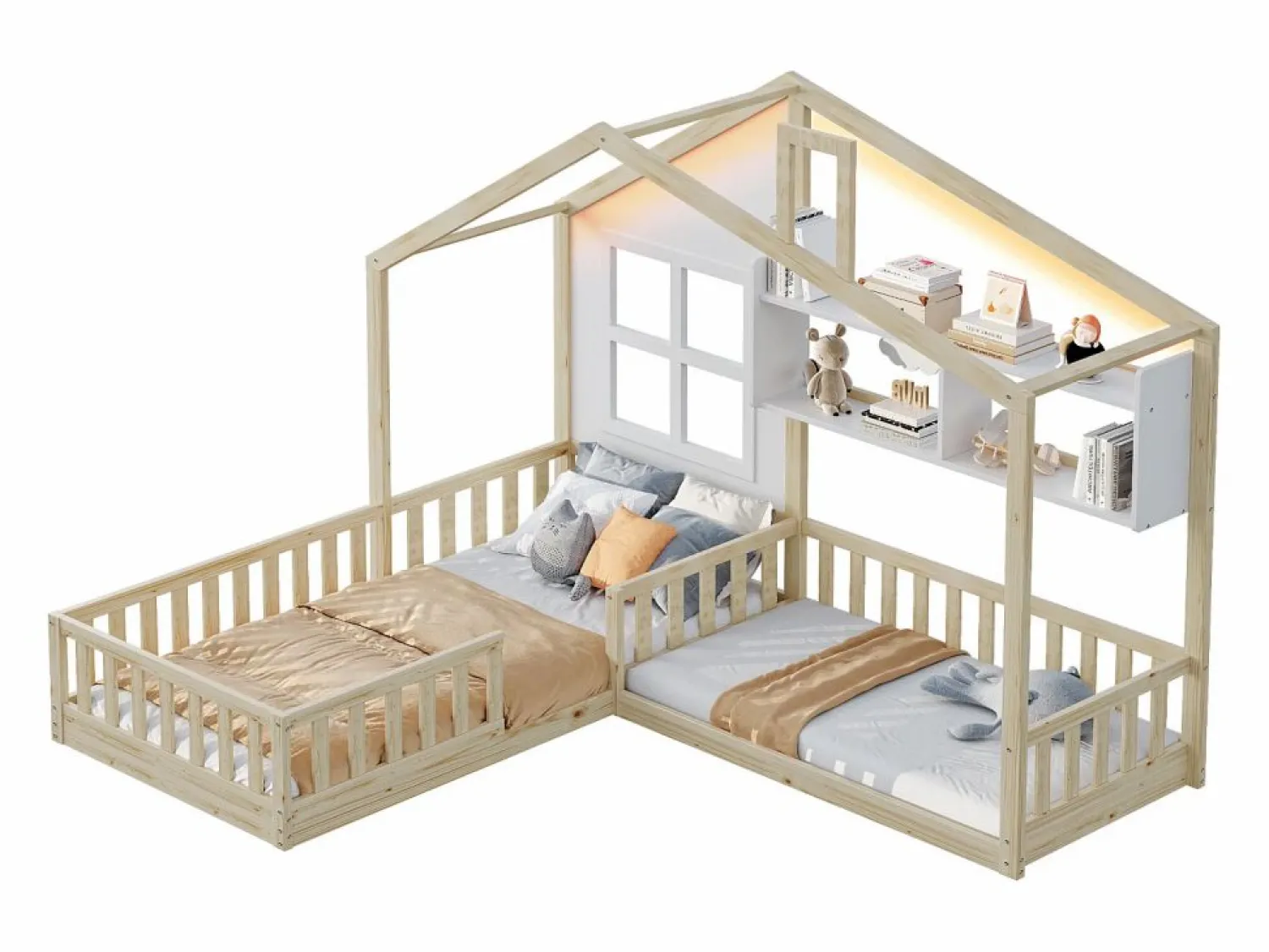 New Cama infantil cabina - 90 x 200 cm + 140 x 70 cm - con estantes - MDF + pino - Somier de láminas incluido - natural Cama Montessori