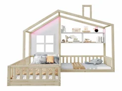 New Cama infantil cabina - 90 x 200 cm + 140 x 70 cm - con estantes - MDF + pino - Somier de láminas incluido - natural Cama Montessori