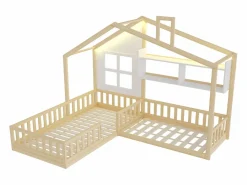 New Cama infantil cabina - 90 x 200 cm + 140 x 70 cm - con estantes - MDF + pino - Somier de láminas incluido - natural Cama Montessori