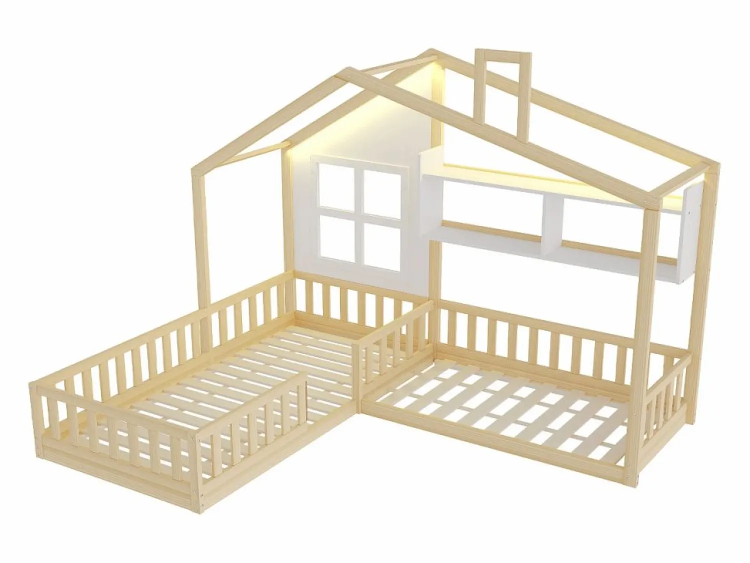 New Cama infantil cabina - 90 x 200 cm + 140 x 70 cm - con estantes - MDF + pino - Somier de láminas incluido - natural Cama Montessori