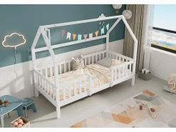 Online Merax Cama infantil cabina 90 x 200 cm con cabecero - Pino + Tablero de partículas + Contrachapado - (sin colchón) Blanco