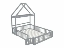 Discount Cama infantil cabina 140x200 cm de madera maciza - con barra para ropa - Cama Montessori