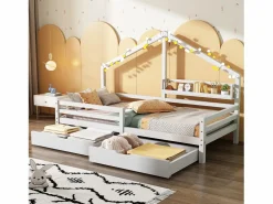 New Cama infantil cabina 90x200 cm con somier de láminas - protección anticaídas, 2 cajones y balda de almacenaje - madera - (sin colchón) Blanco