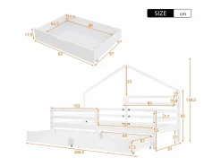 New Cama infantil cabina 90x200 cm con somier de láminas - protección anticaídas, 2 cajones y balda de almacenaje - madera - (sin colchón) Blanco