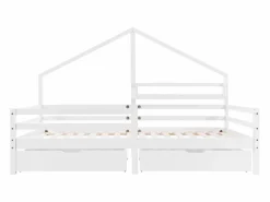New Cama infantil cabina 90x200 cm con somier de láminas - protección anticaídas, 2 cajones y balda de almacenaje - madera - (sin colchón) Blanco