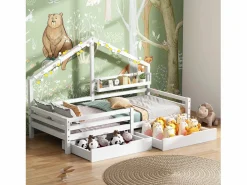 New Cama infantil cabina 90x200 cm con somier de láminas - protección anticaídas, 2 cajones y balda de almacenaje - madera - (sin colchón) Blanco