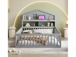 New Hauss Spole Cama infantil cabina 140x200 cm con barandillas de seguridad, estantes y almacenaje en color (sin colchón) Gris