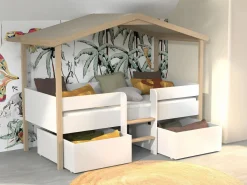 Vente-unique Cama infantil con cajones 90 x 190 cm. Estructura de madera de tilo blanco y roble SAROSI