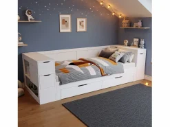New Merax Cama infantil con canapé - 90 x 200 cm - sofá-cama con 3 cajones - con mesitas de noche - MDF - Blanco