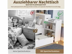 New Merax Cama infantil con canapé - 90 x 200 cm - sofá-cama con 3 cajones - con mesitas de noche - MDF - Blanco