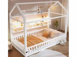 Online Merax Cama infantil con plataforma en forma de casa - 90 x 200 cm - con barandilla + LED + almacenaje - metal - Blanco