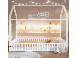 Online Merax Cama infantil con plataforma en forma de casa - 90 x 200 cm - con barandilla + LED + almacenaje - metal - Blanco