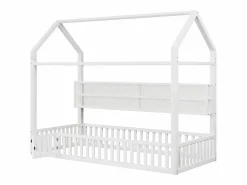 Online Merax Cama infantil con plataforma en forma de casa - 90 x 200 cm - con barandilla + LED + almacenaje - metal - Blanco