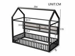 Best Cama infantil con plataforma en forma de casa - 90 x 200 cm - con barandilla + LED + almacenaje - metal - Cama Montessori